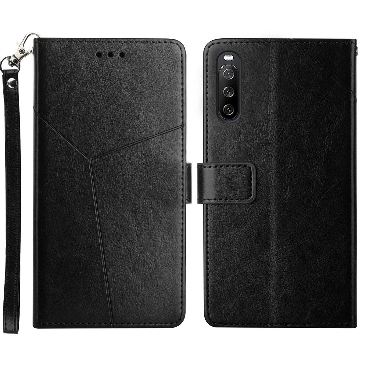 

HT01 For Sony Xperia 10 V TPU+PU Leather Phone Case Imprinted Y-shaped Line Flip Stand Wallet Cover Black