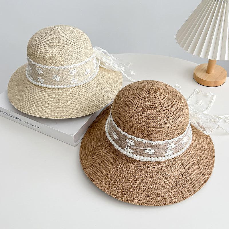 Sweet Pearl Lace Bow Straw Hat Women's Beach Hat Versatile Straw Hat Travel Sunscreen Sunshade Hat