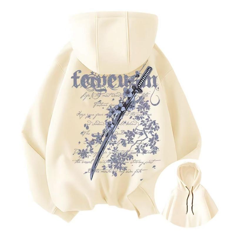 Cherry Blossom Sword Print Men's Hooded Top Autumn and Winter Velvet Thickened Loose Couple High Street Sweatshirt