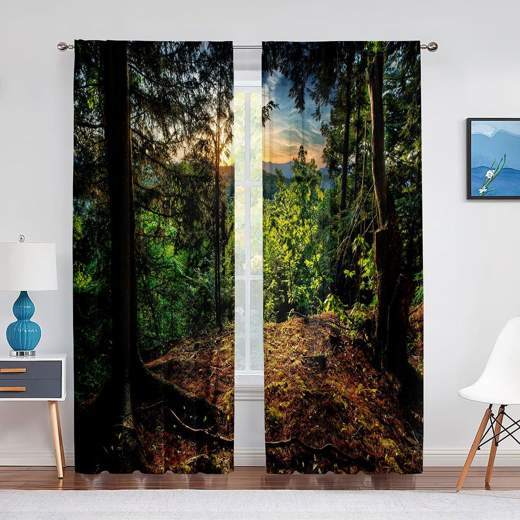 2panels Woodland Forest Foliage Sunbeams Nature View Curtains for Living Room Bedroom Kitchen Decor Sheer Curtains Window Drape