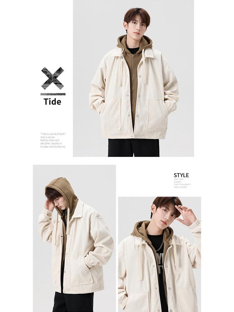 Japanese Trendy Corduroy Hooded Jacket with Fleece Lining: Autumn/Winter Hong Kong Style for Men