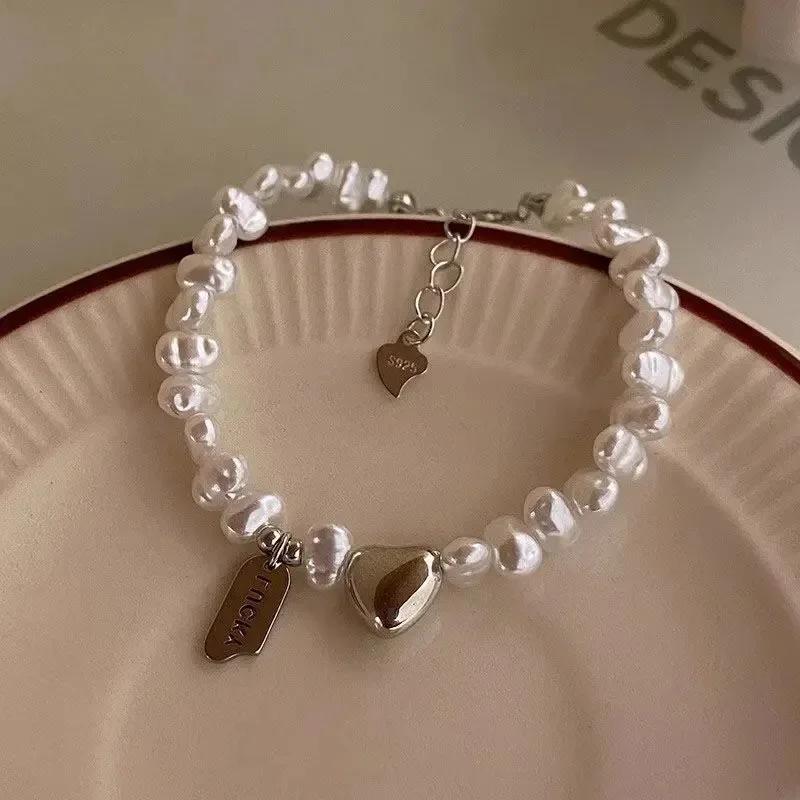 925 Silver Pearl Bracelet Women Girls Vintage Korean Pink Love Bow Chain Party Jewelry Luxury Gift