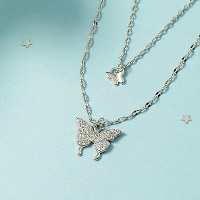 Korean Rhinestone Butterfly Double Layer Necklace - Versatile Cool Aesthetic Clavicle Chain for Women
