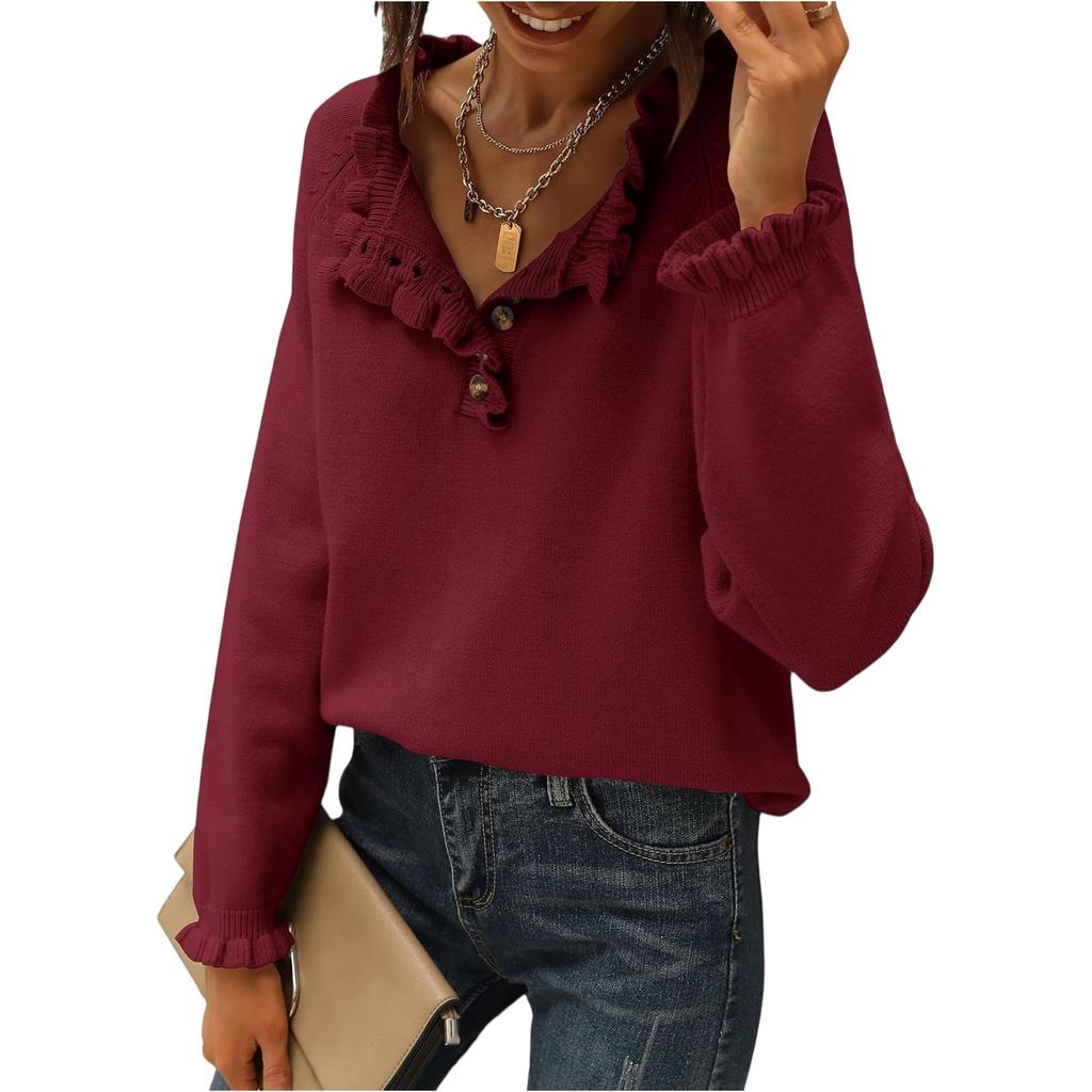 Damenmode Strick Casual Langarm Knopfleiste Rüschen Pullover