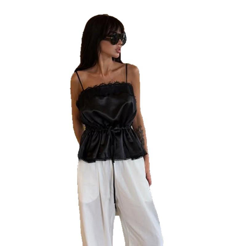 European and American Summer New Fashionable and Sexy Suspender Solid Color Lace Splicing Waist Pleated Top Women