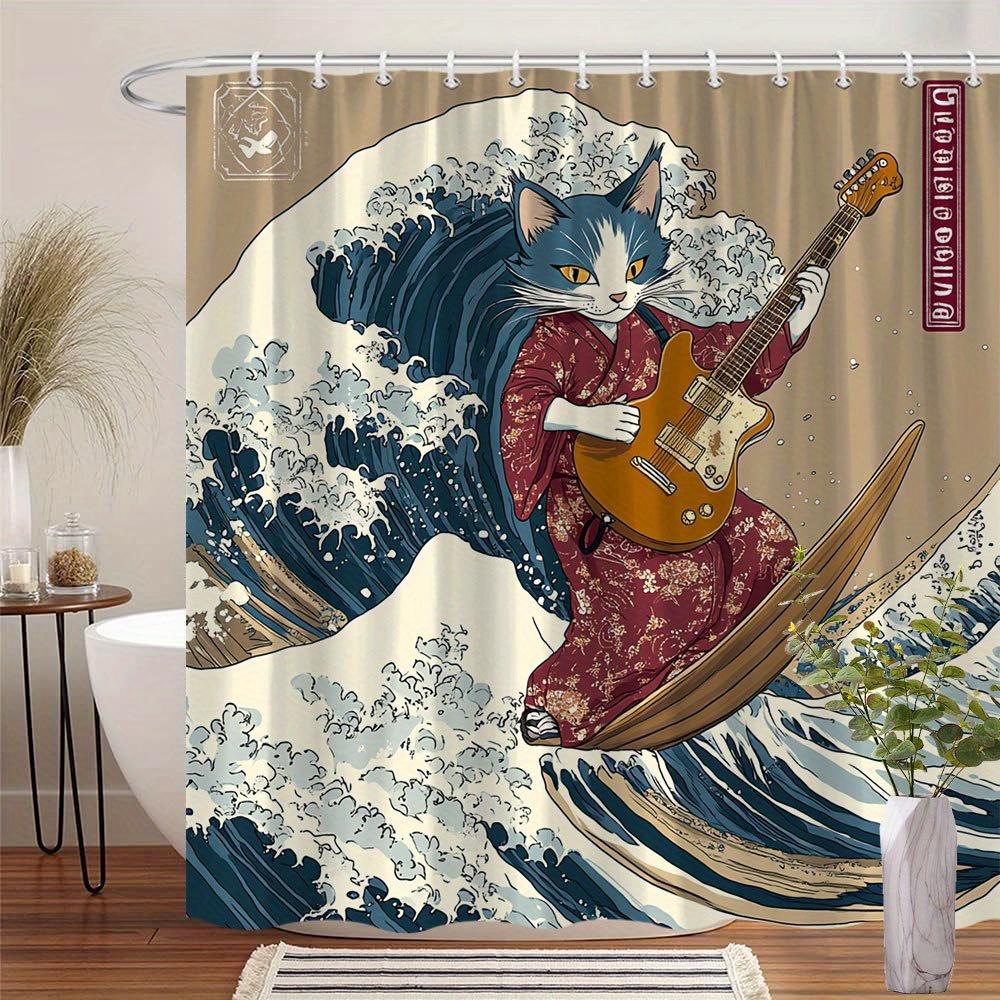 Einzigartiger Katzen-Gitarrenspieler-Druck Wasserdichter Duschvorhang für das Badezimmer, Japanisches Wellenmuster Hochwertiger Toiletten-Trennvorhang