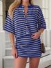 Women's Striped Knit 2 Piece Outfit Short Sleeve Button Cardigan and Mini Skirt