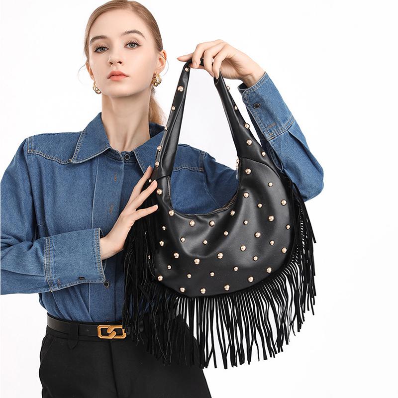 Yogodlns Fashion Personality Women's Underarm Bag Retro Leather Texture Tassel Rivet Bag Versatile Simple Trend Shoulder Bag