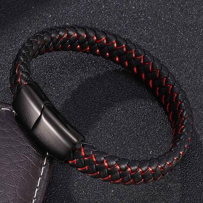 Punk Männer Schmuck Schwarz Blau Rot Geflochtenes Lederarmband Edelstahlverschluss Mann Handgelenk Band Geschenke