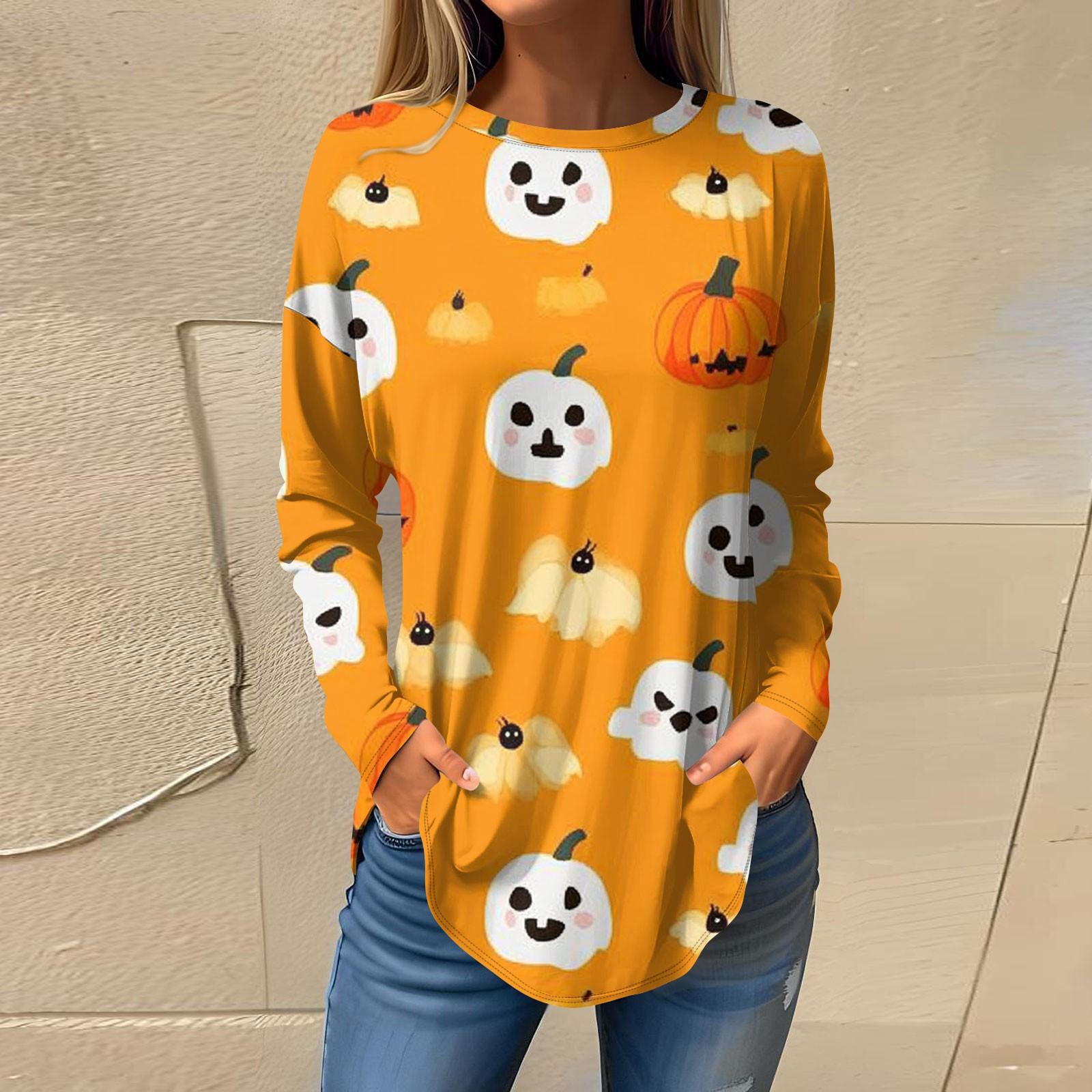 

Women s Fashion Loose Round Neck Halloween Printed Long Sleeve T-Shirt Top Pullover L шафрановий