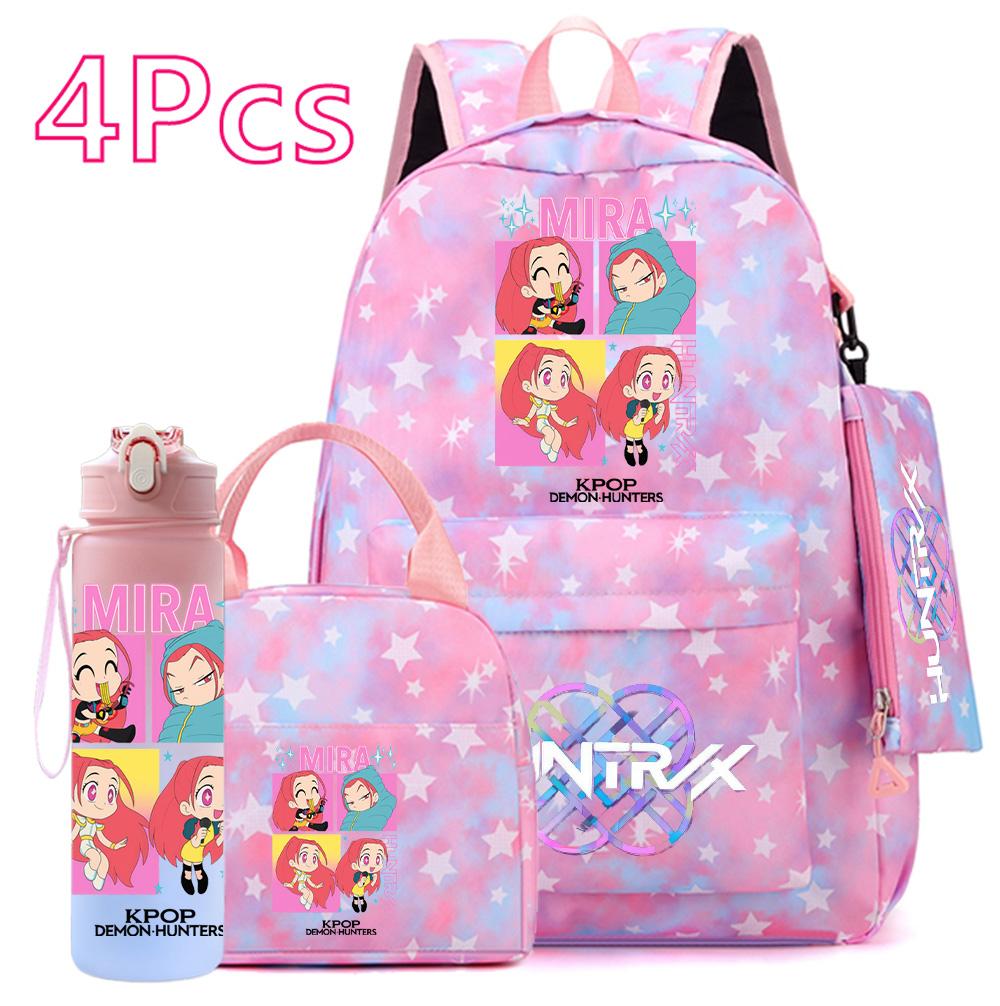 4-teiliges/Set K-POP Bedruckter Rucksack Große Kapazität Schultasche Handtasche Etui Tasche mit 750 ml Wasserflasche Junge Mädchen Schultasche wasserdicht Reisetasche Mochila