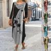 Women Autumn Winter Long Dress Long Sleeves V-neck Print Big Hem Plus Size Maxi Dress