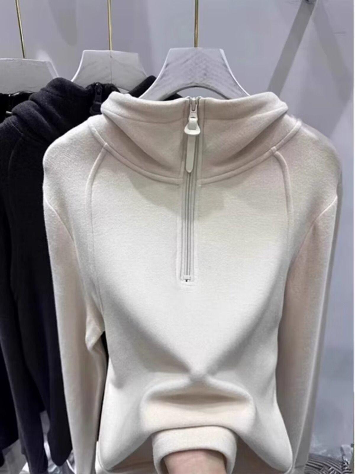 Velvet Korean Chic Hooded Sweatshirt for Women - Autumn/Winter Half-Zip Niche Top L абрикосовый