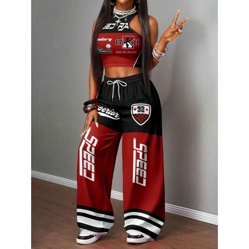 Set T-shirt con Stampa Hip Hop Street e Pantaloni Larghi Casual da Ragazza