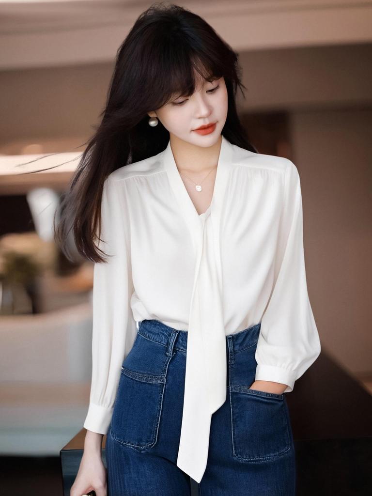 Rong Tai Women's Elegant French Ribbon Long Sleeve V-Neck Chic Shirt - Spring 2026 Collection