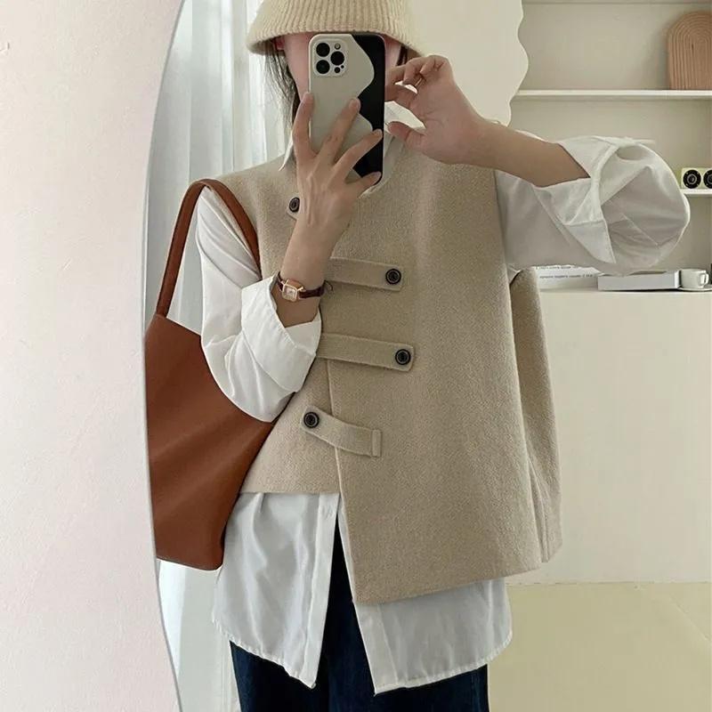 Korean Women Round Neck Waistcoat Cardigan Ladies Solid Color Vest Outwear Autumn Winter Female Irregular Sleeveless Coat