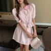 Women's Summer New Striped Lapel Top Shirt Elastic Waist Pocket Short Skirt Set