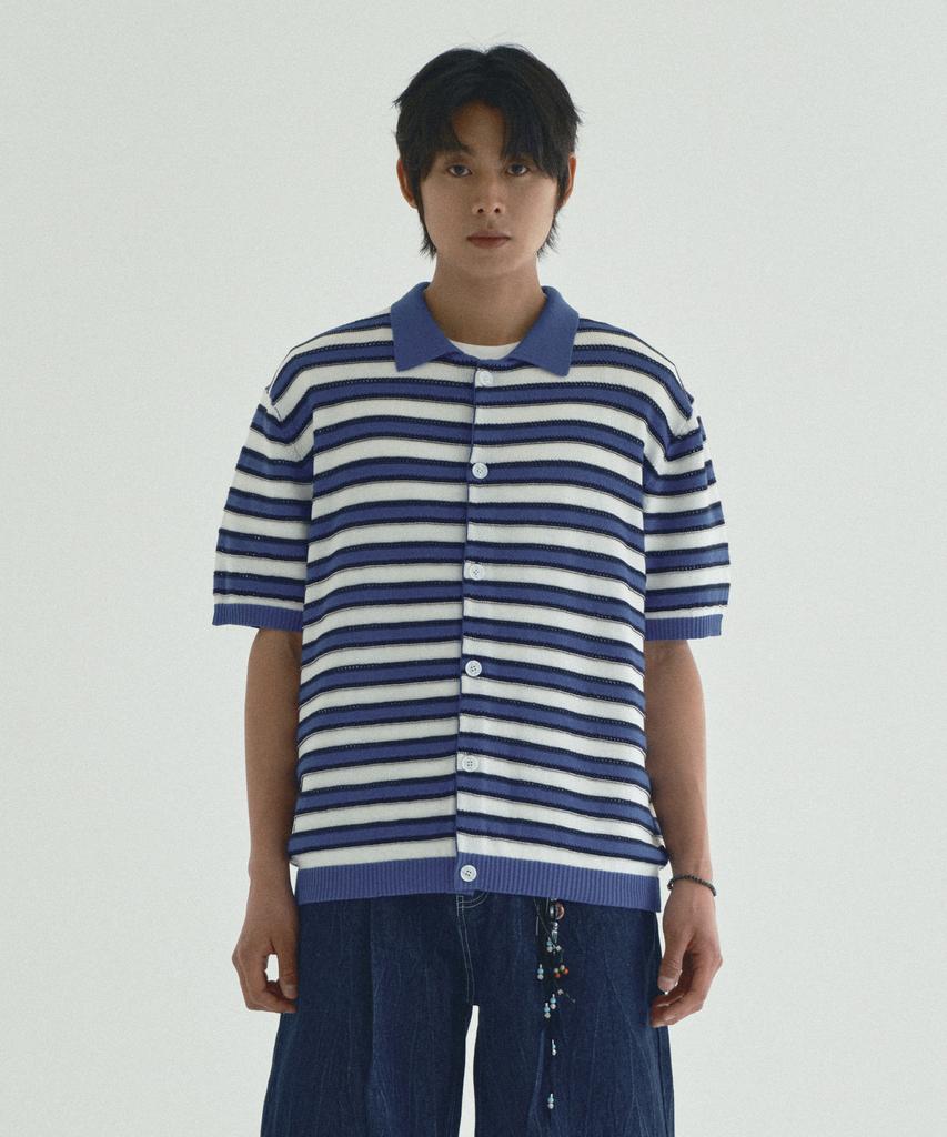Ecorr Striped Collared Short Sleeve Cardigan_Blue