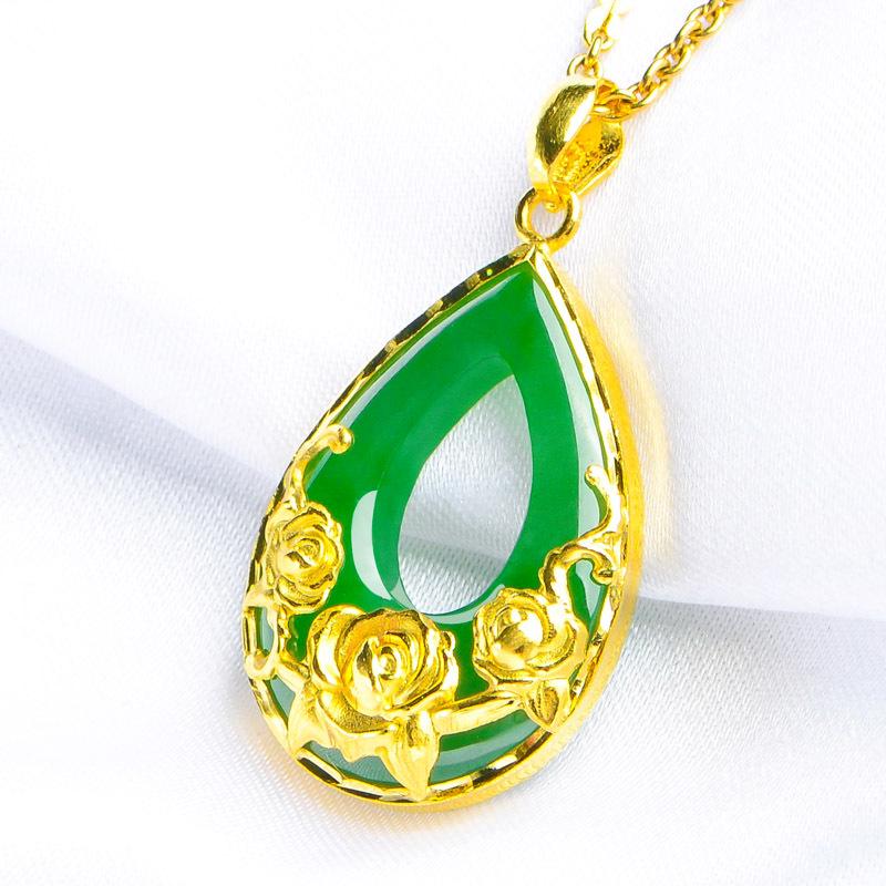 Gold-Plated Teardrop Jade Pendant & Peony Rose Necklace - Symbol of Wealth & Prosperity, Perfect Gift for Mom.