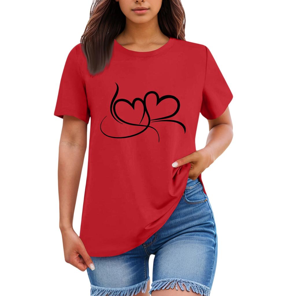 Ladies' Loose Comfortable Casual Fashionable  Heart Pattern Printed Round Neck Short Sleeved Shirt