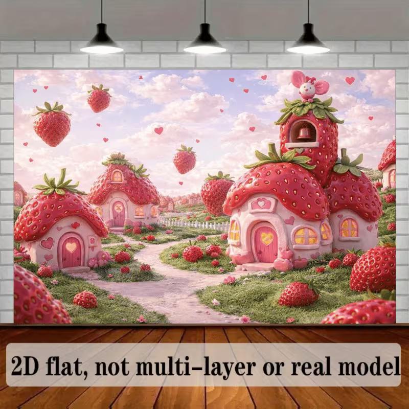 2D Magical Strawberry Houses & Hearts Photography Background