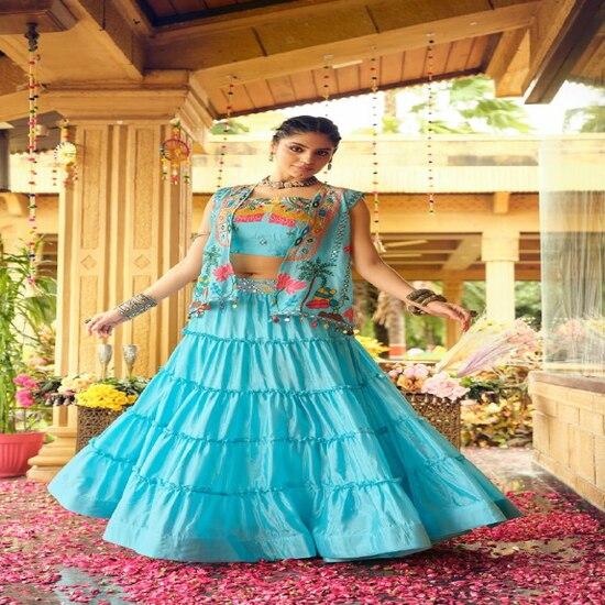 Festive Blue Tiered Skirt & Embroidered Jacket Set
