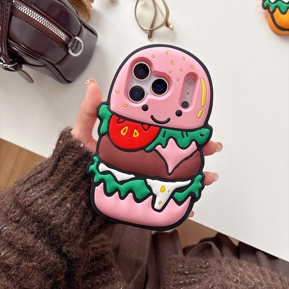 

Kawaii 3D Hamburger Soft Silicone Phone Case For iPhone 17 16 Plus 15 14 13 Pro Max Funny Cartoon Shockproof Cover iPhone 15 розовый