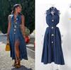 Retro Sleeveless A-Line Denim Dress with Turn-Down Collar and Cutout Waist
