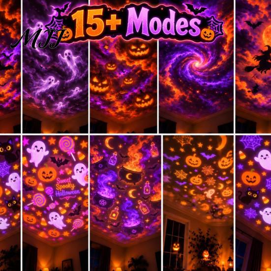 Halloween Decor Lamp USB Pumpkin Projector Lamp, Flexible Gooseneck Night with 8 LED Projection Films, Ambient for Bedroom Ceiling Decoration