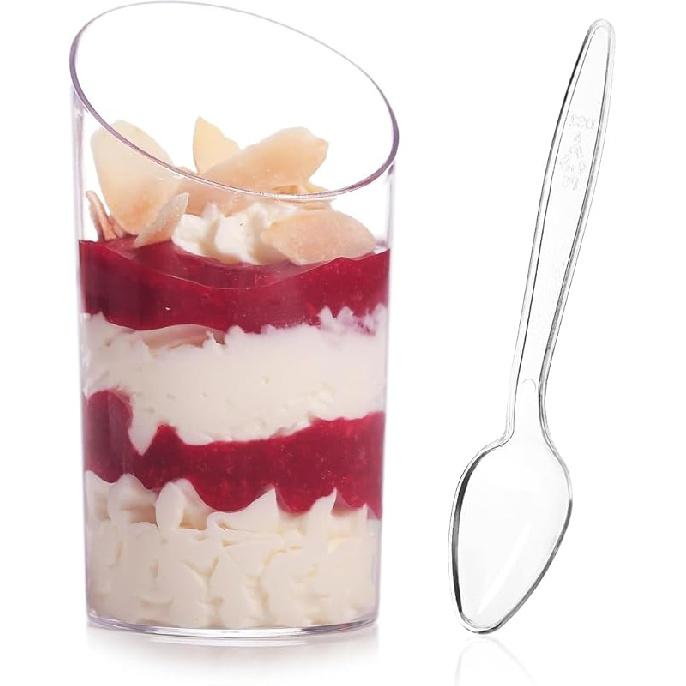 Qeirudu 50 Pack Mini Slanted Dessert Cups with Spoons - 2.2 oz Plastic Parfait Cups Reusable Shooter Glasses Small Serving Cups for Tasting Party 2.2 oz/ 50 cups + 50 spoo