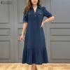 ZANZEA Damen Lässiges Einfarbiges Lockeres Kleid mit Umlegekragen und Halblangen Ärmeln
