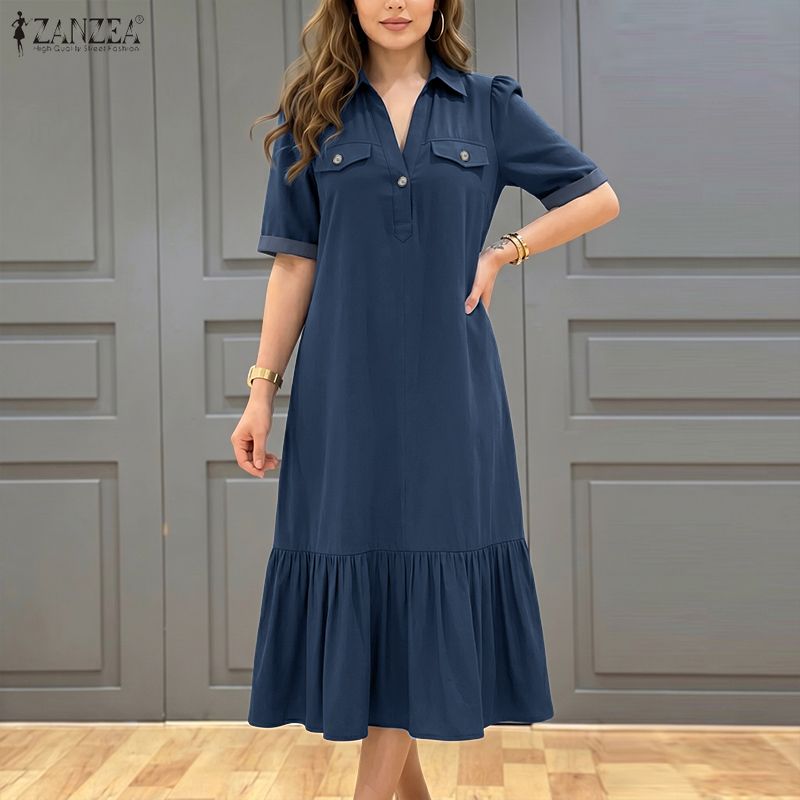 ZANZEA Damen Lässiges Einfarbiges Lockeres Kleid mit Umlegekragen und Halblangen Ärmeln