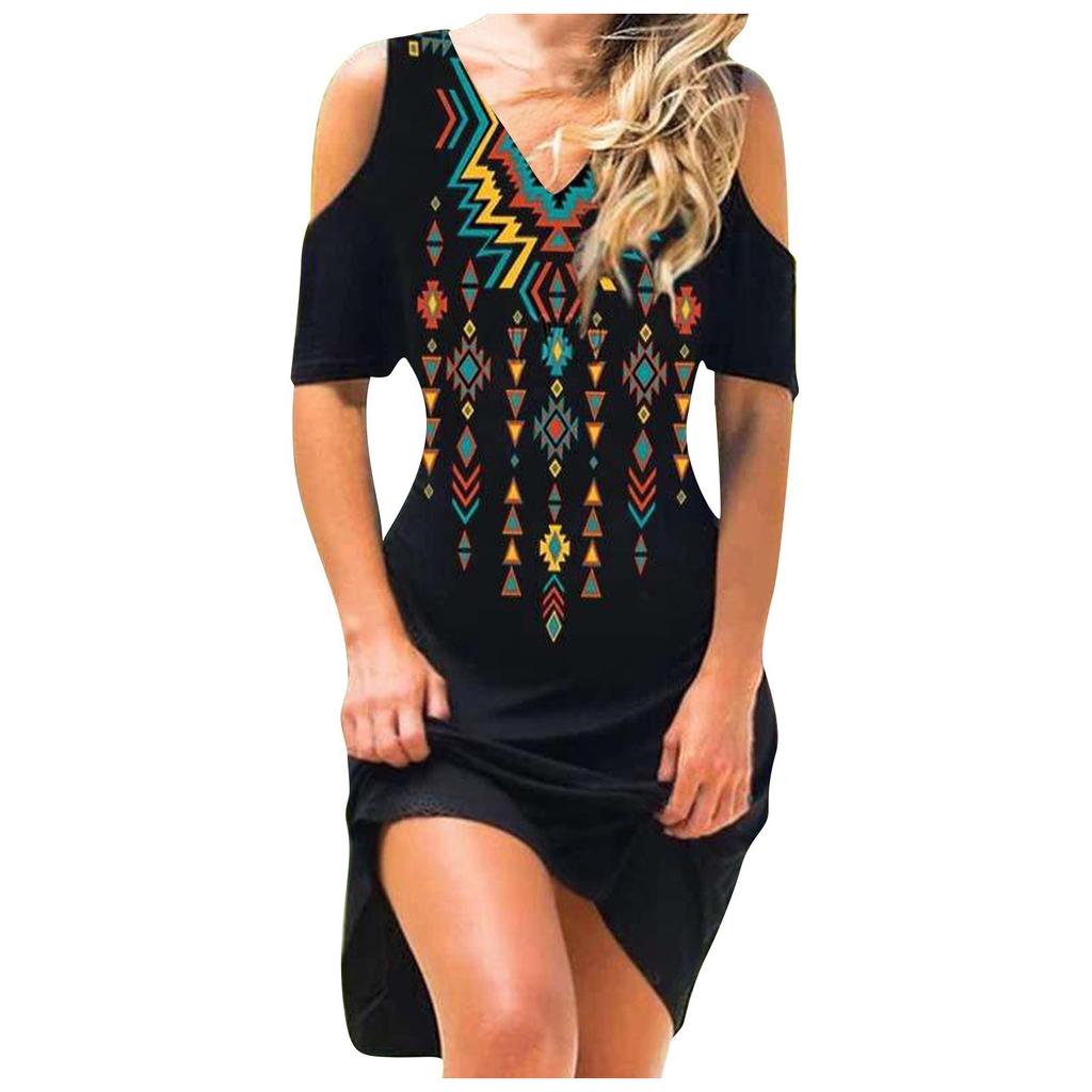 Damen Sommer trägerloses sexy bedrucktes Kleid Kurzarmkleid mit V-Ausschnitt