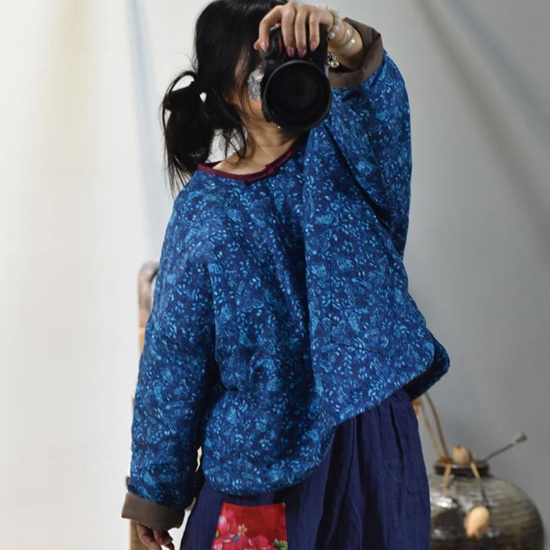 Johnature Dámské lněné zimní parky v čínském stylu s květinovým potiskem, s kulatým výstřihem a dlouhým rukávem, vintage teplé dámské parky