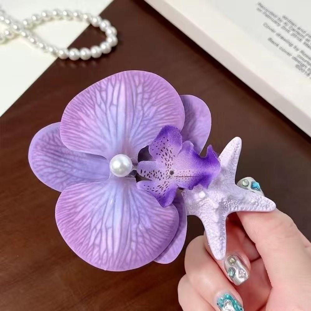 Trendy Orchid Flower Hairpin Vintage Resin Starfish Hair Clip Vacation Pearl Hair Clip  Wedding