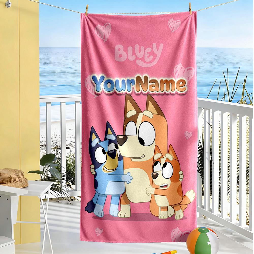 Bluey Customize Your Name Beach Towel Soft Durable Quick-Dry Ideal for Travel Outdoor Swim Pool Yoga Surf Camping Hiking Gym Gift Holiday