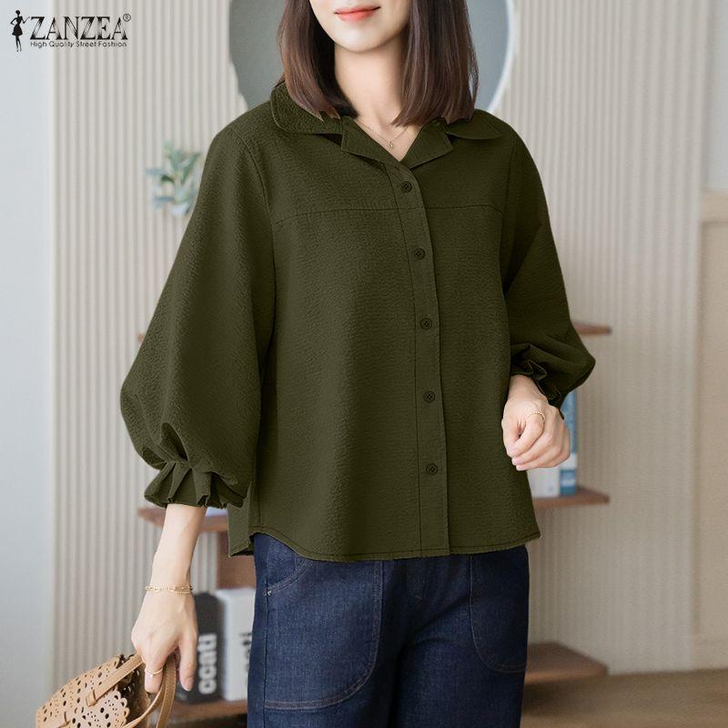ZANZEA Women Casual Turn Down Collar Solid Color Loose 3/4 Sleeve Blouse