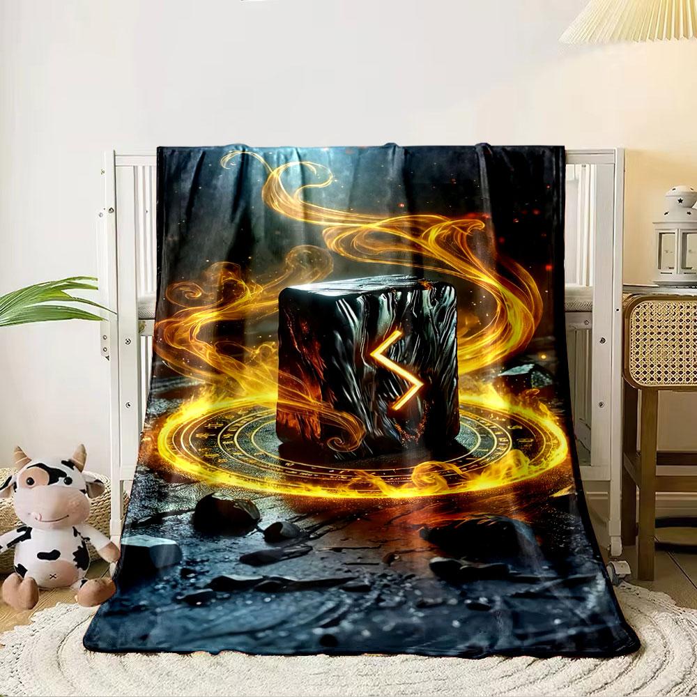 Glowing Runes and Fiery Swirls Encircle a Dark, Textured Cube. for All Seasons Blanket Lunch Break Throw Gift