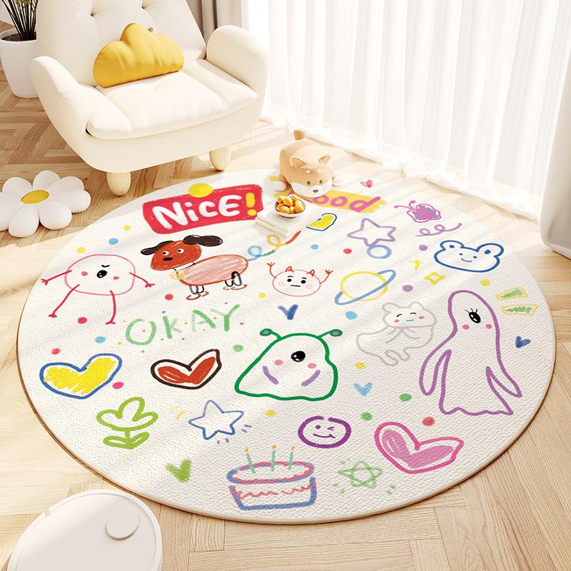 Cartoon Animal Pattern Round Carpet Cute Colorful Kids Playroom Decor Mat Funny Non-Slip Rug for Living Room Bedroom Paly Area