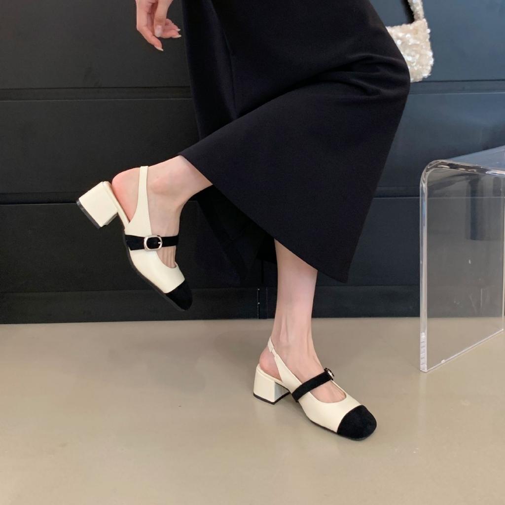 2025 Winter New Round Head Thick Heel Shallow Mouth Word with Buckle Rear Air Heel Mary Jane Women's Shoes