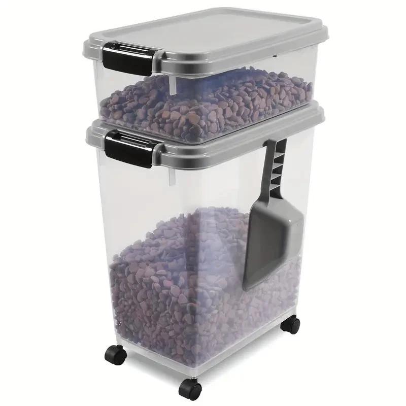 40L Large Airtight Pet Food Container Food Storage Cereal Container Dog Cat Storage Bin Treat Box With Wheels+Scoop For Home серый