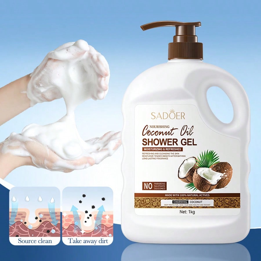 1PC 1000g Large Capacity Coconut Oil Shower Gel, Containing Nicotinamide, Hyaluronic Acid, Glycerin