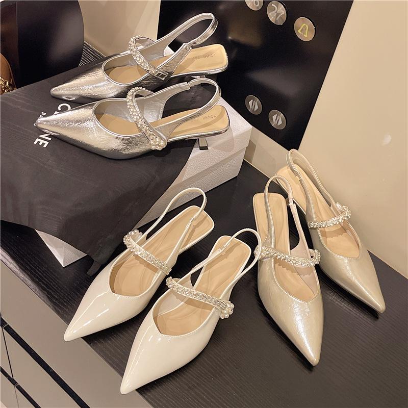 French Rhinestone with Shallow Mouth Thin Heel Bag Head Sandals Women's 2025 Summer Pointed Head Versatile Empty Single Shoes Commuting Versatile