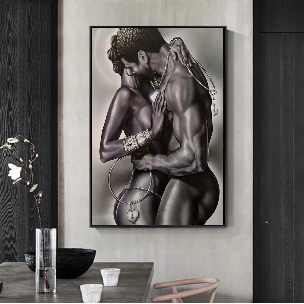Naked Couple Lover Canvas Painting Modern Black African Man And Woman Embrace Wall Art Picture Print Room Home Decoration Poster