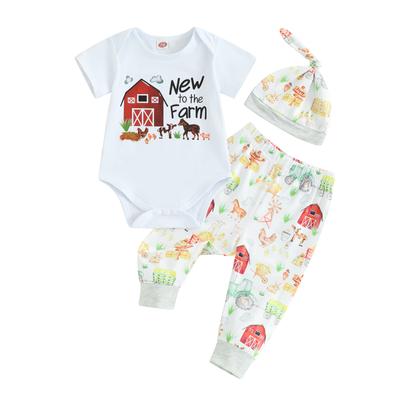 Baby Bauernhof Hosen Outfits Buchstaben&Haus Druck Kurzarm Strampler mit Tierdruck Hose und Hut Set
