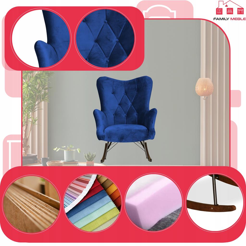 Luna Scandinavian Wing Chair, Rocking, On Runners, Family Meble, Indigo Blue