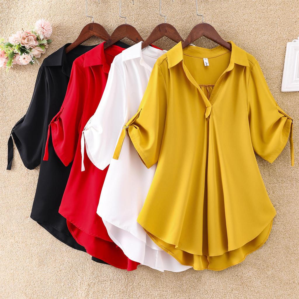 Women's Summer Loose Plus Size Mid-length Short-sleeved Chiffon Shirt Waist Slimming Chiffon Shirt Women