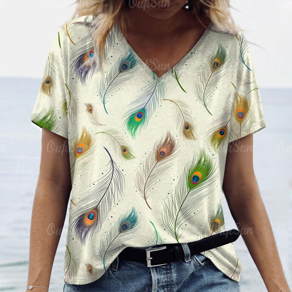 

Новинка 2024 года, женская футболка с принтом павлиньих перьев, топ больших размеров, летняя женская трендовая одежда, модная рубашка с короткими рукавами, футболки с v-образным вырезом 8XL
