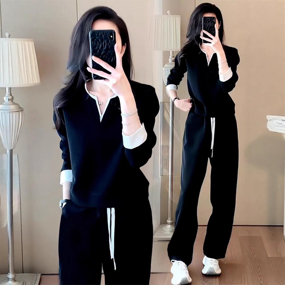 2025 Spring Women's Casual Sports Set: Fashionable Slimming Sweatshirt & Wide Leg Color Block Two-Piece