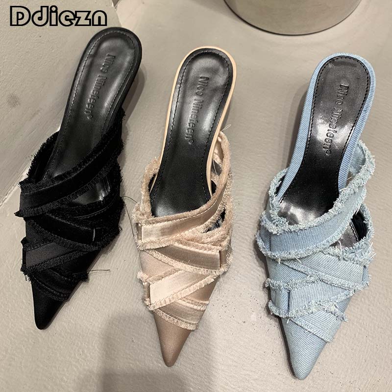 Fashion 2025 Women Mules Elegant Sandals Pumps Summer Female Shoes Low Heels New In Fashion Ladies Sandal Pointed Toe Slides Footwear